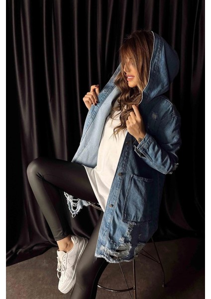 Sagi Kadın Yırtık Detaylı Kapüşonlu Oversize Jean Ceket modelleri