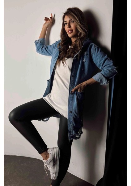 Sagi Kadın Yırtık Detaylı Kapüşonlu Oversize Jean Ceket fırsatları