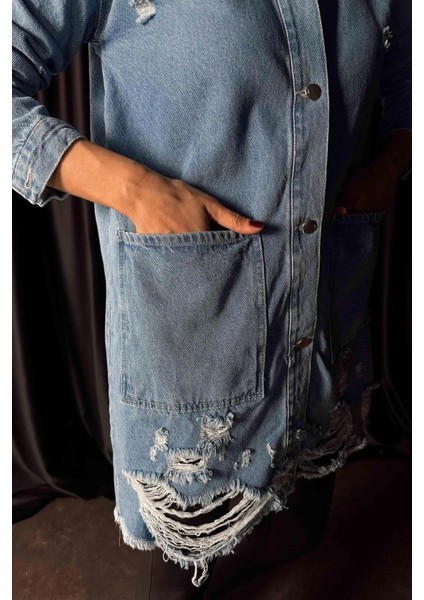 Sagi Kadın Yırtık Detaylı Kapüşonlu Oversize Jean Ceket indirimleri
