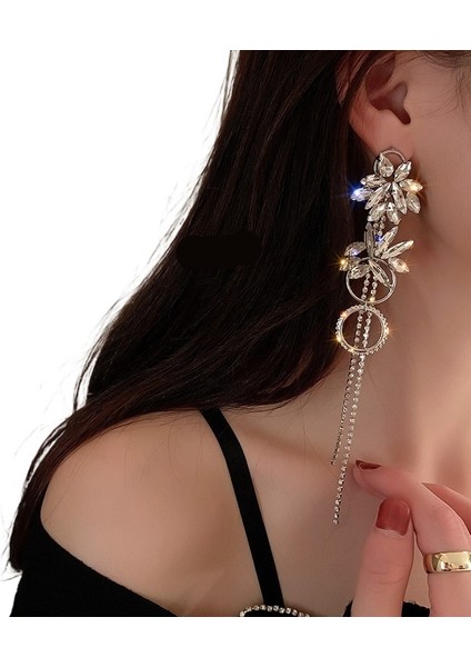 Gümüş Iğne Elmas Çiçek Püskül Küpe Uzun Yüz Inceltici Küpeler Çok Yönlü Hafif Lüks Tasarım Küpeler (Yurt Dışından)