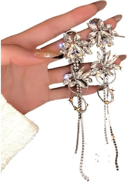 Gümüş Iğne Elmas Çiçek Püskül Küpe Uzun Yüz Inceltici Küpeler Çok Yönlü Hafif Lüks Tasarım Küpeler (Yurt Dışından) fırsatları