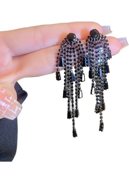 Gümüş Iğne Zirkon Uzun Püskül Küpe Kişilik Yaratıcı Tasarım Küpeler Koyu Stil Açık Lüks Moda Küpeler (Yurt Dışından) modelleri