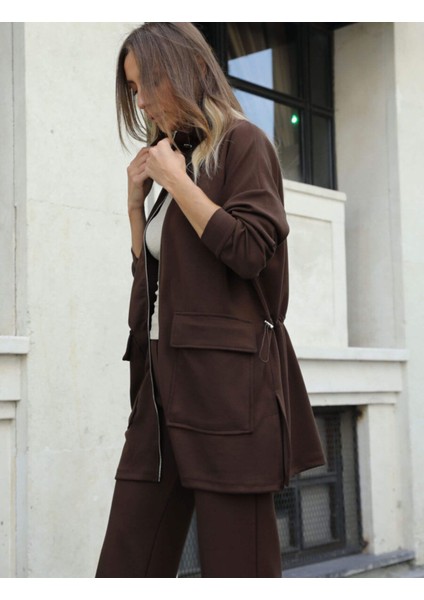 Kadın Oyshoo Kumaş Uzun Üstlü Bel Büzgülü Pantolonlu Ikili Takım modelleri