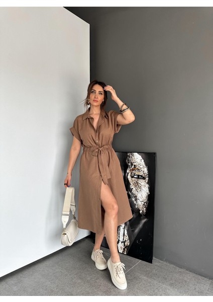 Egzotik Asortik Kadın Kısa Kollu Beli Lastikli Full Düğmeli Gömlek Elbise