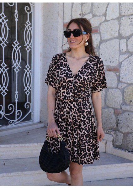 Leopar Desen Beli Lastikli Mini Elbise fiyatları