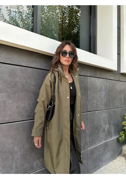 Kadın Kapüşonlu Beli Büzgülü Kolu Drapeli Bol Kalıp Tasarım Trençkot modelleri