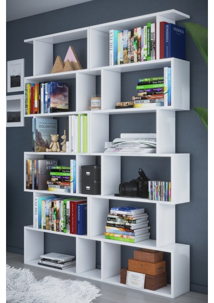 6 Raflı Çift Modül Zigzag Kitaplık Çalışma Odası Ofis Kitaplık