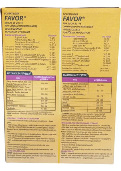 Favor Npk 20-20-20+Te 1kg Harmanlanmış Yaprak Gübresi