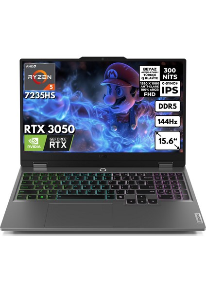 Loq Ryzen 5-7235HS 48 -GB DDR5 1 TB SSD RTX3050 (6GB-95W) 15.6" Fhd Windows 11 Pro Taşınabilir bilgisayar 83JC000PTRHMF25