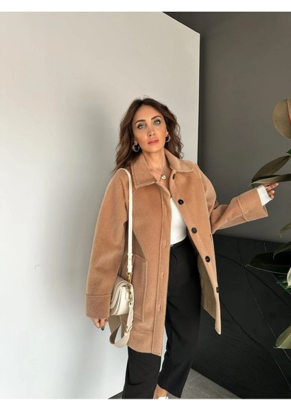 Egzotik Asortik Kadın Deve Tüyü Astarsız Oversize Kaban