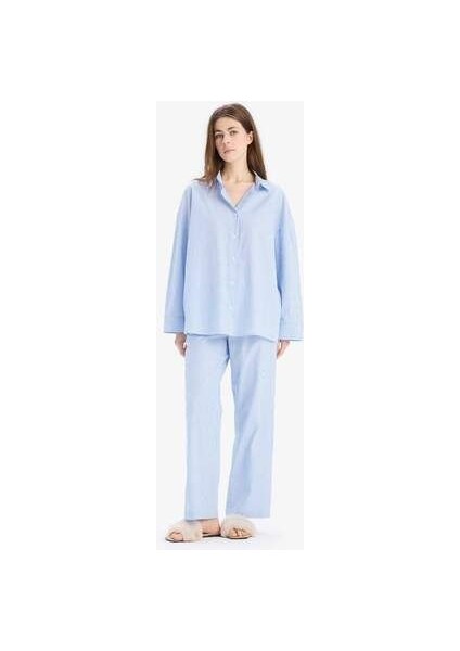 Yeni Sezon Fall In Love Çizgili Uzun Boy Poplin Pijama Altı modelleri