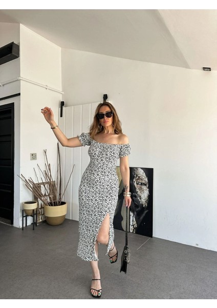 Minik Çiçek Desenli Bürümcük Kumaş Madonna Yaka Elbise indirimleri