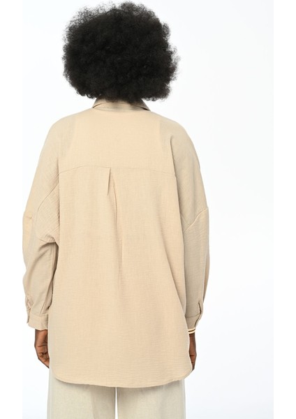 Kadın Önü Payet Nakışlı Oversize Gömlek
