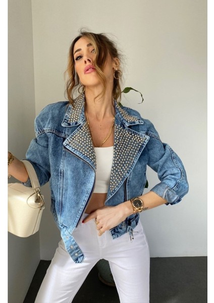 Kadın Yakası Zımbalı Çapraz Kapama Biker Kot Mont fiyatları