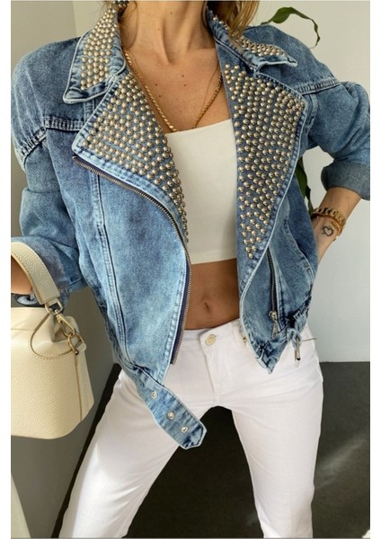 Kadın Yakası Zımbalı Çapraz Kapama Biker Kot Mont modelleri