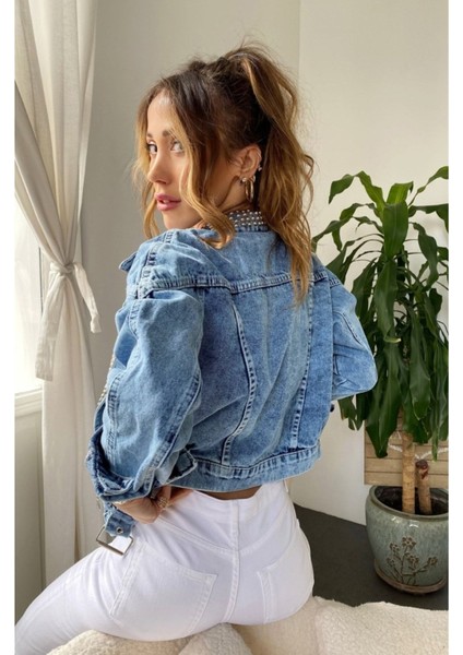 Kadın Yakası Zımbalı Çapraz Kapama Biker Kot Mont fırsatları