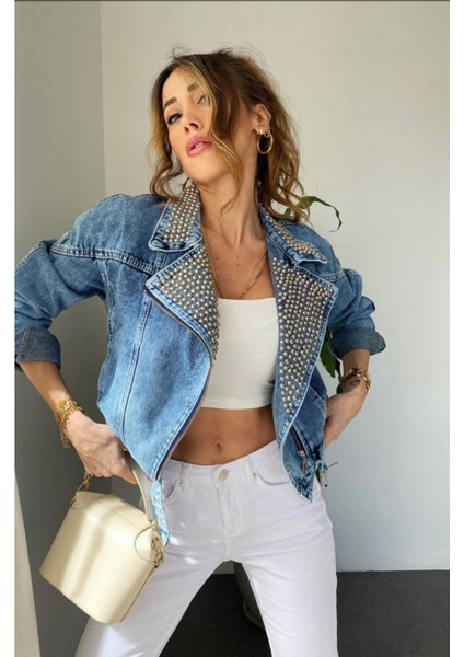 Kadın Yakası Zımbalı Çapraz Kapama Biker Kot Mont indirimleri