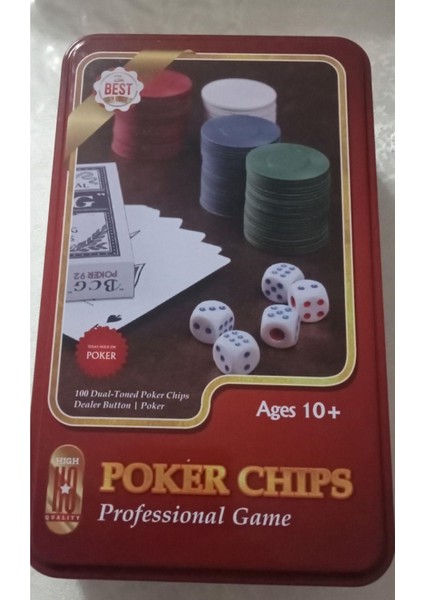 100 Chipli Poker Oyun Seti Metal Saklama Kutulu (Zarlı)