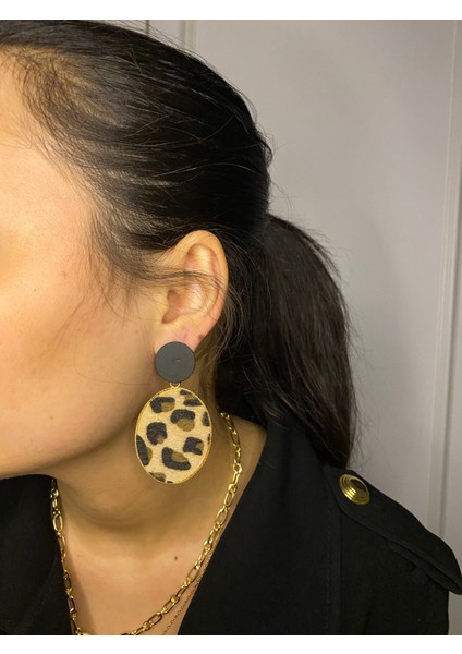 Kumaş Dokulu Vip Oval Leopar Desenli Şık Küpe