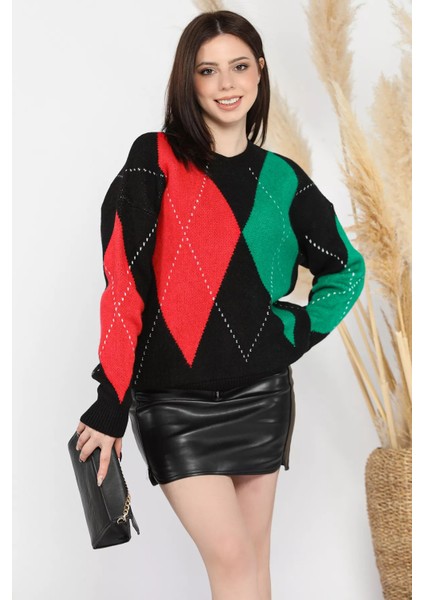 Desenli Kadın Bisiklet Yaka Triko Kazak