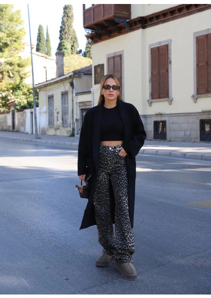 Leopar Desen Straight Jean Pantolon