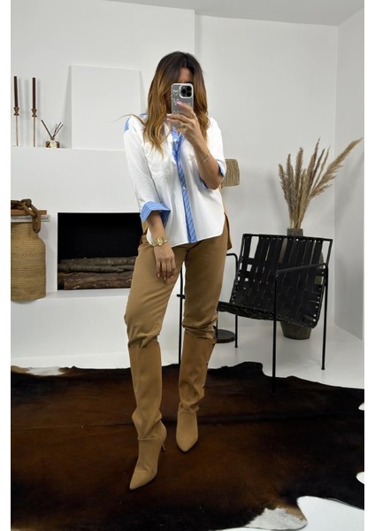 Bebe Plus Kadın Biyeleri Çizgili Sırtı Kontras Oversize Poplin Gömlek fırsatları