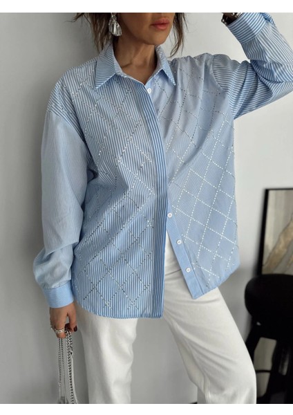 Klein Kadın Çizgili Taş Işlemeli Şık Gömlek