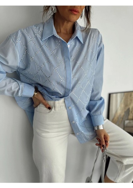 Klein Kadın Çizgili Taş Işlemeli Şık Gömlek modelleri