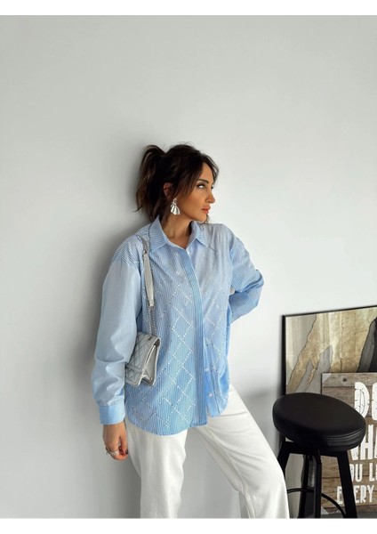 Klein Kadın Çizgili Taş Işlemeli Şık Gömlek indirimleri