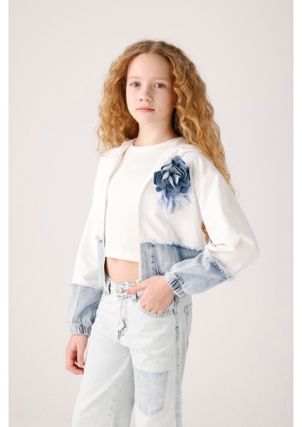 Kız Çocuk Denim Parçalı Sweatshirt 8-14 Yaş Ekru