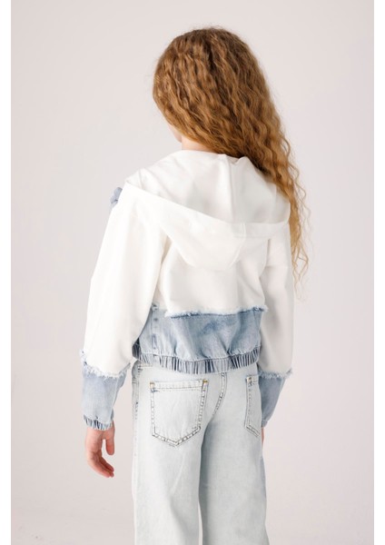 Kız Çocuk Denim Parçalı Sweatshirt 8-14 Yaş Ekru