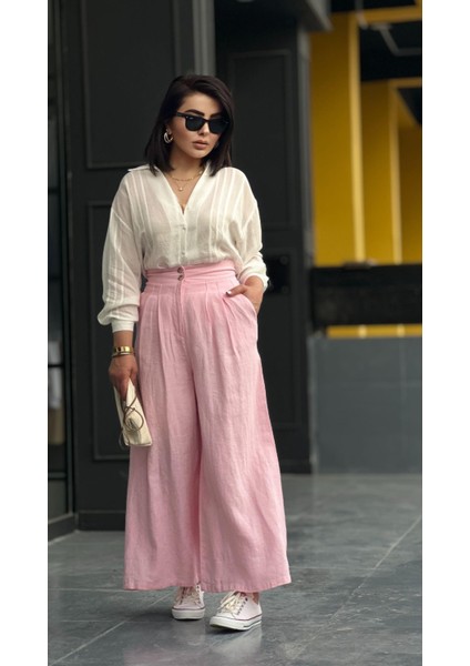 Pembe Ham Keten Çift Pensli Çift Düğmeli Bol Paça Pantolon