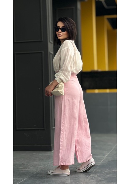 Pembe Ham Keten Çift Pensli Çift Düğmeli Bol Paça Pantolon