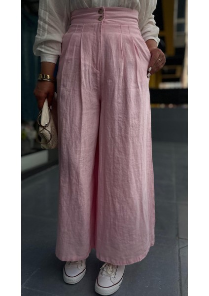 Pembe Ham Keten Çift Pensli Çift Düğmeli Bol Paça Pantolon