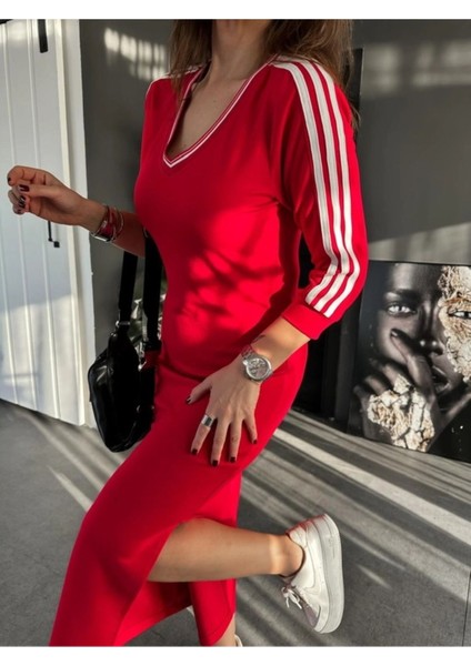 Egzotik Asortik Kadın V Yakası ve Uzun Kol 3 Şeritli Midi Boy Penye Elbise fiyatları