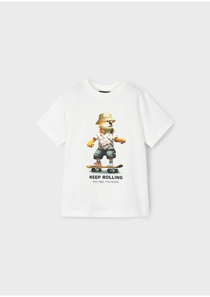 Erkek Çocuk Kaykay Baskılı Tshirt 4-8 Yaş Krem
