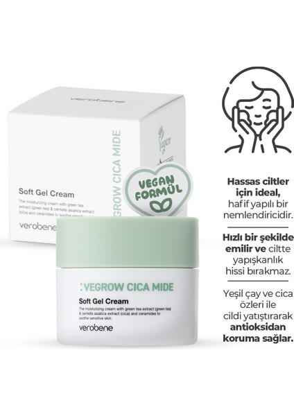 Vegrow Cica Mide Soft Gel Cream Nemlendirici Yatıştırıcı Vegan Yeşil Çay Özlü Jel Krem Kore 50ml fiyatları