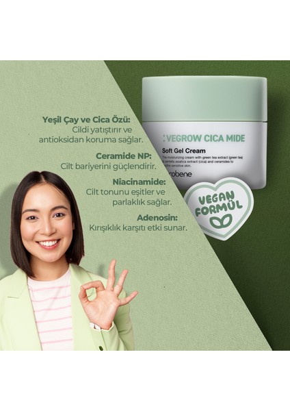 Vegrow Cica Mide Soft Gel Cream Nemlendirici Yatıştırıcı Vegan Yeşil Çay Özlü Jel Krem Kore 50ml fırsatları