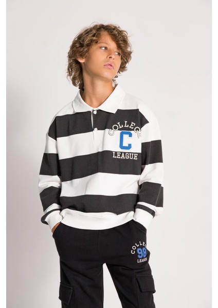 Erkek Çocuk College Cizgili Sweatshirt 9-14 Yaş Siyah