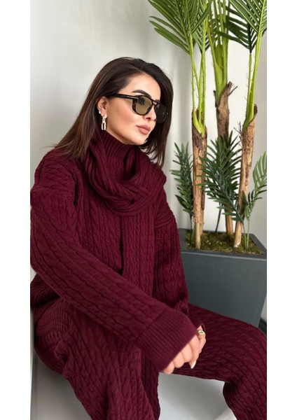 Bordo Saç Örgülü Atkılı Triko Takım
