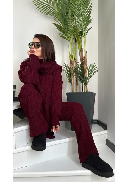 Bordo Saç Örgülü Atkılı Triko Takım fiyatları