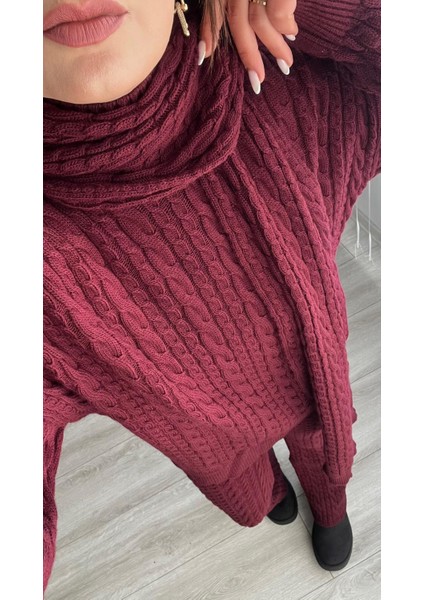 Bordo Saç Örgülü Atkılı Triko Takım modelleri