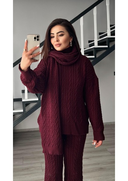 Bordo Saç Örgülü Atkılı Triko Takım fırsatları