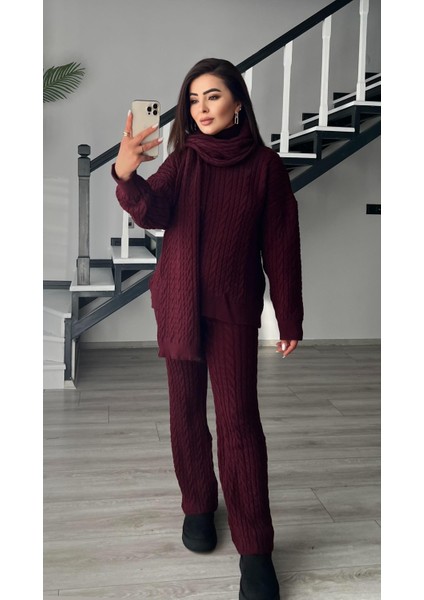 Bordo Saç Örgülü Atkılı Triko Takım indirimleri