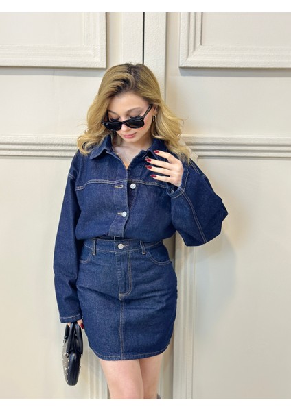 Kontrast Dikişli Cepli Mini Etek