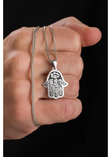 Gümüş Fatma Ana Eli Ayetel Kürsi Yazılı Ayet Göz Model Kolye