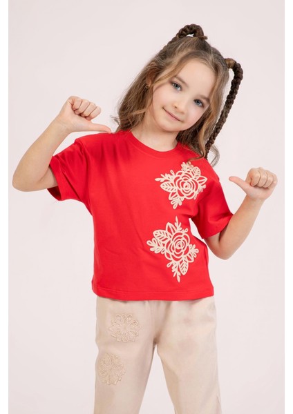 Kız Çocuk Nakışlı Tshirt 4-9 Yaş Kırmızı