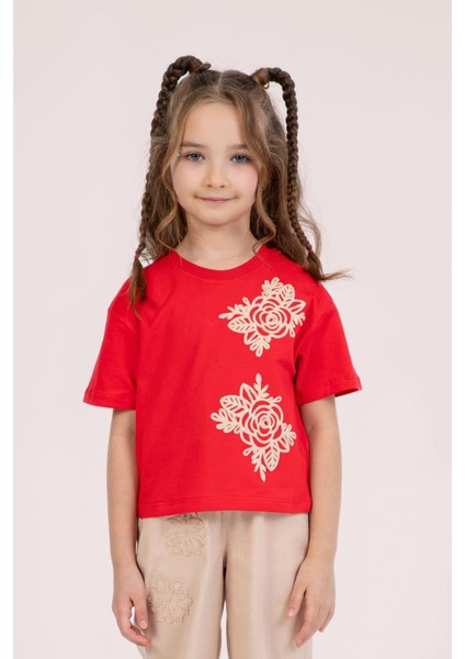 Kız Çocuk Nakışlı Tshirt 4-9 Yaş Kırmızı