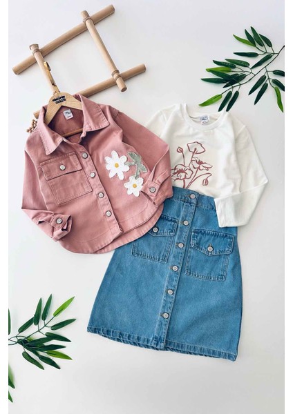 Papatya Detaylı Pamuk Keten Ceket ve Kot Etekli 3 lü kombin - Pembe