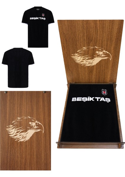 Lisanslı Yazılı Logolu Siyah T-Shirt Kartal Ahşap Kutulu